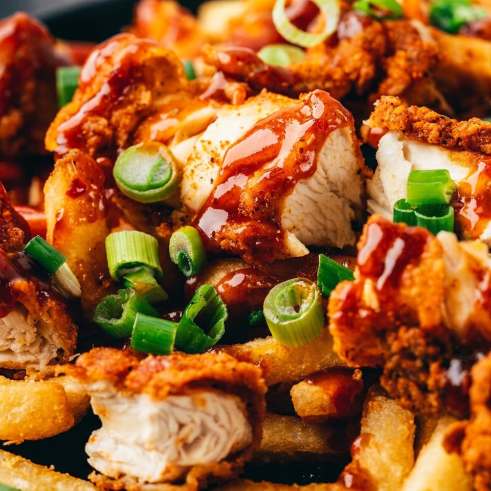 Golden french fries and crispy fried chicken pieces topped with sauce and green onions.