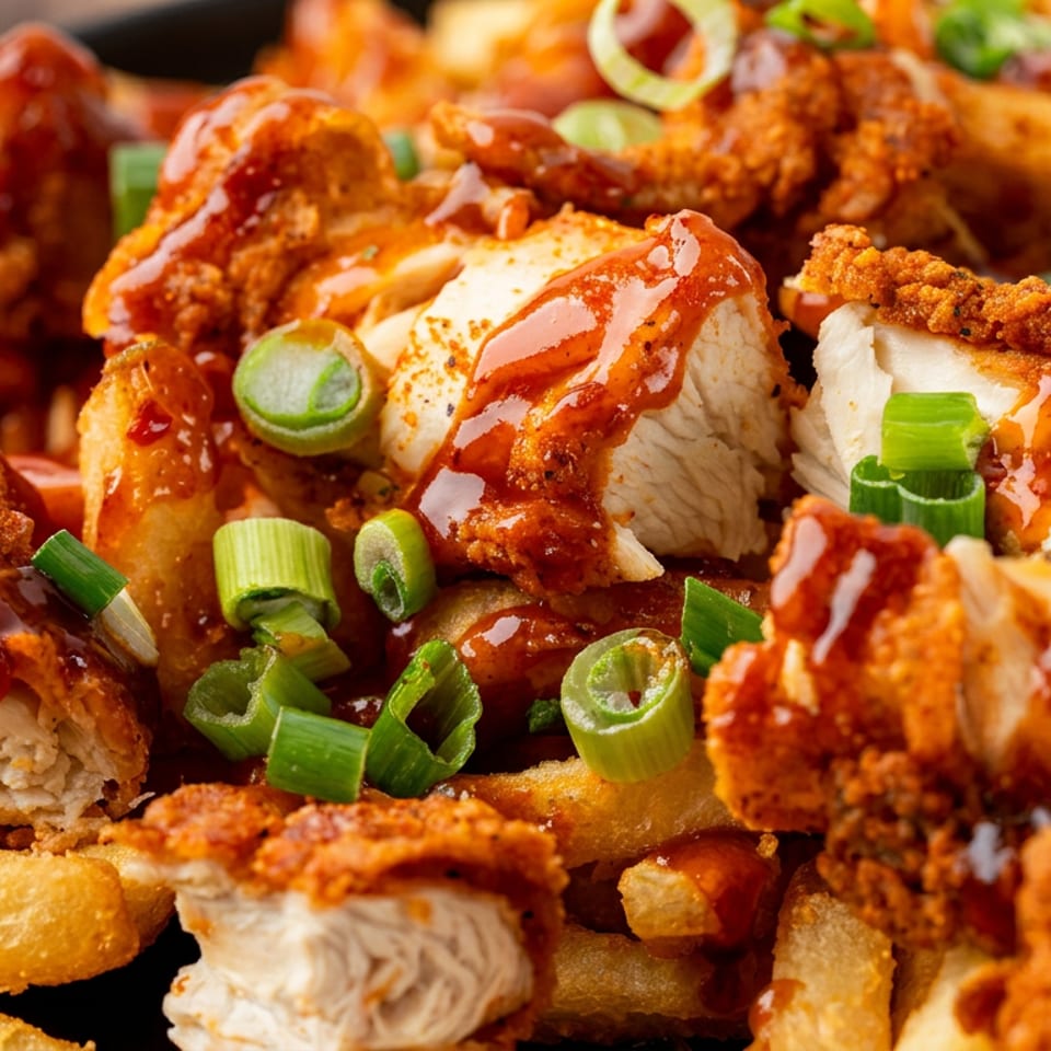 Crispy fried chicken and golden french fries drizzled with sweet chili sauce and green onions.
