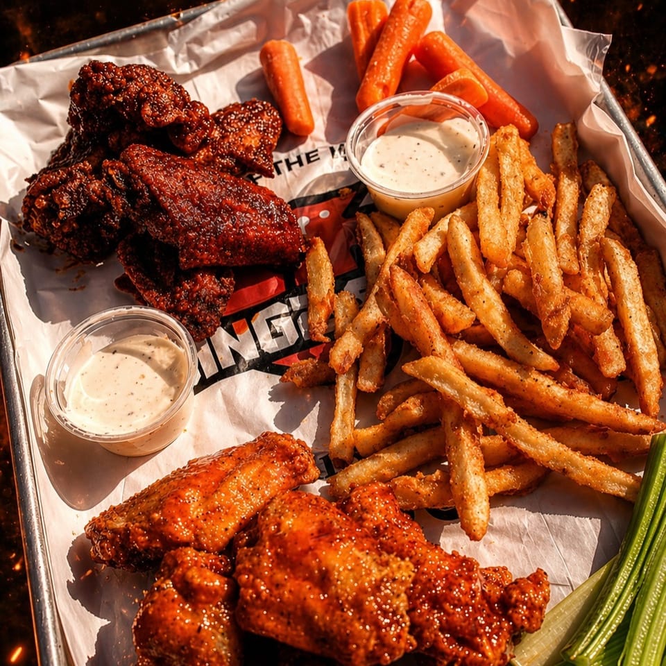 A tray of saucy chicken wings, fries, carrots, celery, and ranch dipping sauce on foil-lined paper.