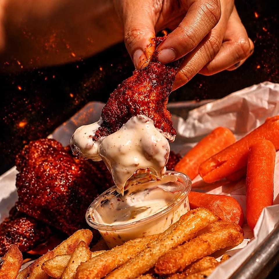 Hand dips a crispy glazed chicken wing into creamy sauce, surrounded by fries and carrot sticks on a foil-lined tray.