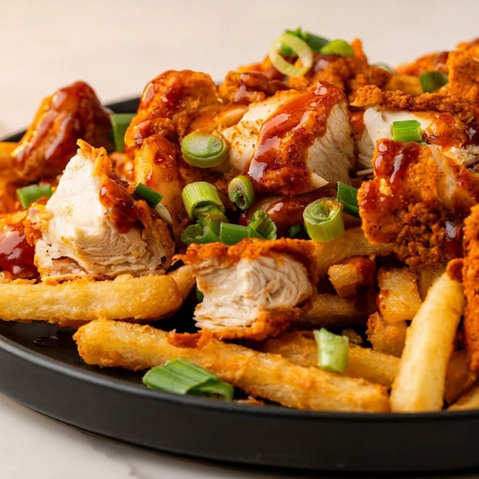 Loaded french fries with crispy fried chicken, barbecue sauce, and green onions.