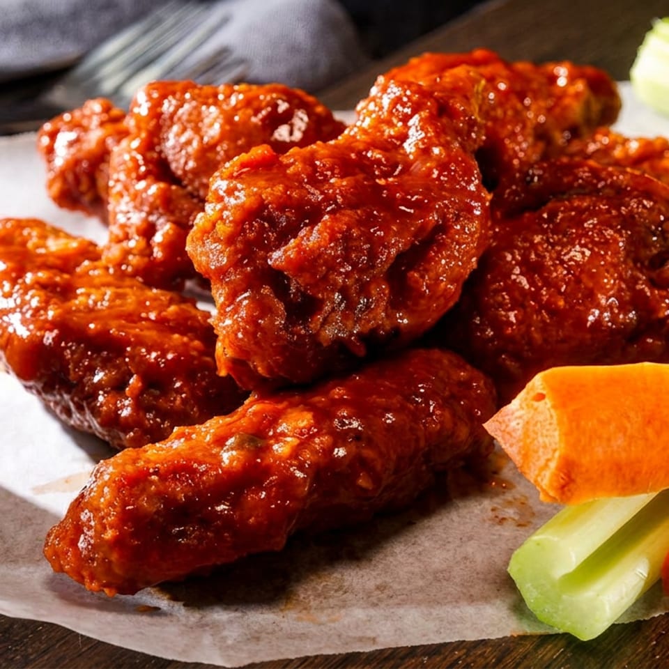 Close-up of buffalo chicken wings with a side of creamy ranch dip and fresh vegetables.