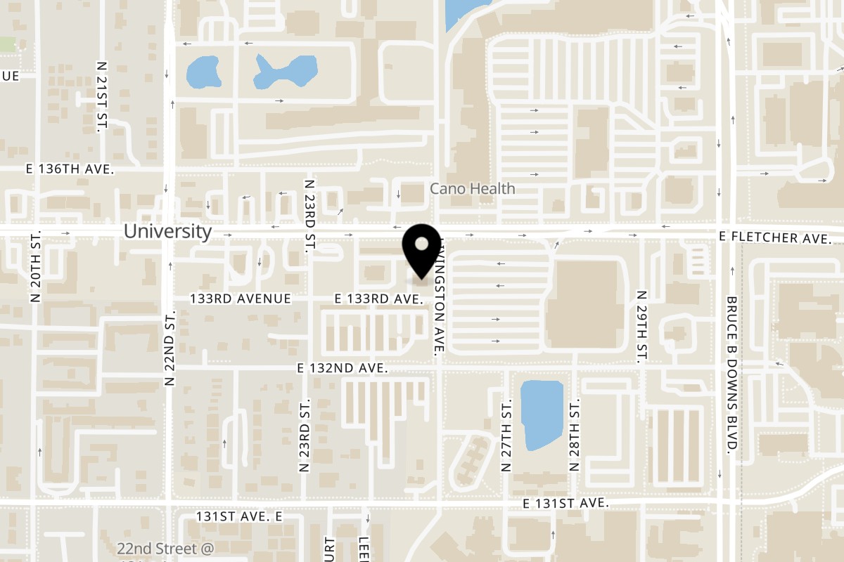 Map showing the location of Wingz Shack Tampa on 2315 E Fletcher Ave in Tampa